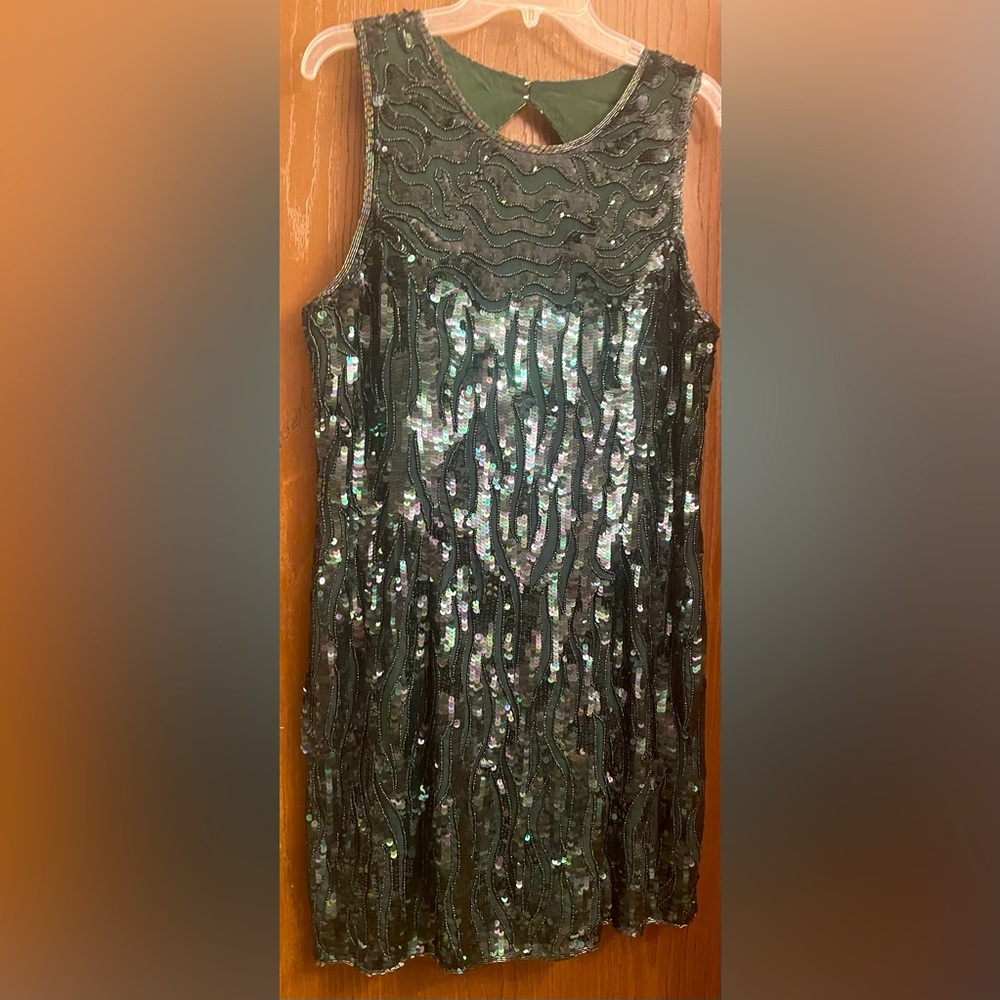 Vintage Beaded Green SEAN Collection 100% Silk Sleeveless Short Dress Sz-XXL.